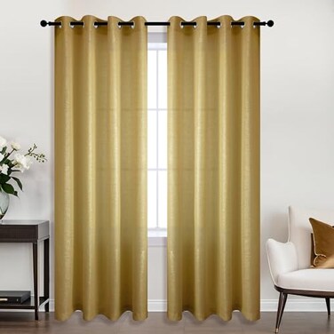 KOUFALL Gold Curtains 96 Inches Long for Dining Room WindowsSheer Shimmer Retro Art Deco Curtains for Living Room Bedroom