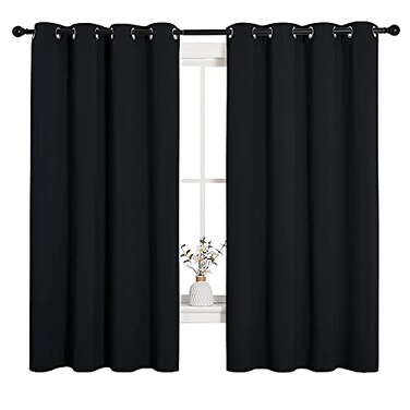 NICETOWN Bathroom Blackout Curtains and Drapes Black Solid Thermal Insulated Grommet Blackout Drapery Panels for Window 2 Panels 55 inches Wide by 68 inches Long Black