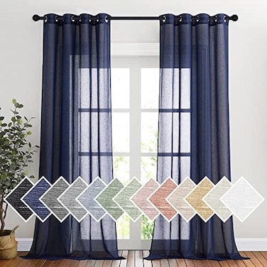 NICETOWN Linen Textured Sheer Curtains 96 L for Living Room Privacy Chic Sheer Curtains Window Treatment Translucent Drapes for FarmhouseCottage 52 Wide Dark Blue 1 Pair