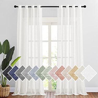 NICETOWN Linen Curtains Semi Sheer Flax Texture Eyelet Top Bedroom Window Privacy with Light Penetration Flax Sheer Drapes for Country Style Decor Ivory W52 x L108 2 Pieces
