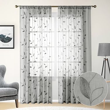 HOMEIDEAS Light GreyGray Sheer Curtains 52 X 84 Inches Long 2 Panels Embroidered Leaf Pattern Pocket Faux Linen Floral Semi Sheer Voile Window CurtainsDrapes for Bedroom Living Room