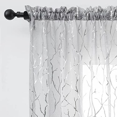 FINECITY Silver Grey Sheer Curtains 108 Inches Long Metallic Silver Foil Branch Tree Pattern Grey Sheer Curtains for Living Room Rod Pocket Privacy Drapes for Bedroom 52 x 108 Inch 2 Panels Silver Gra
