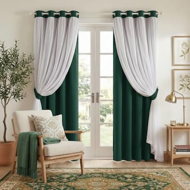 PONY DANCE Blackout Curtains 84 inches Long Curtains for Living Room Double Layer Drapes White Sheer Overlay Light Block Room Decor 52 by 84 inches Hunter Green 2 PCs