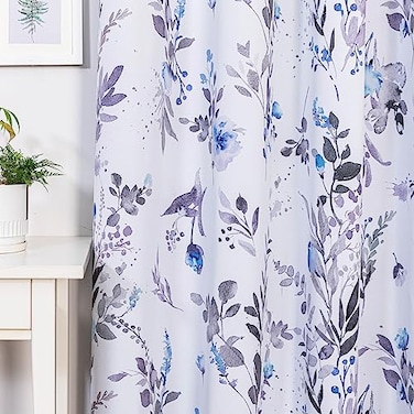 MYSKY HOME Curtains 84 Inches Long for Living Room Blue Floral Thermal Insulated Light Blocking Grommet drapes 2 Panels Grey and Blue