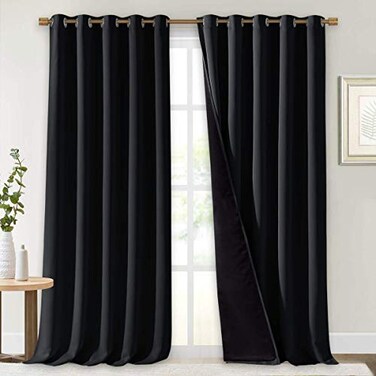 NICETOWN Extra Long Truly Blackout Drapes for Hall and Villa 100 Blackout Window Curtain Panels with Black Lined for Night Shift Worker 70inch Width Each Panel 108inch Length Black 2 Pieces