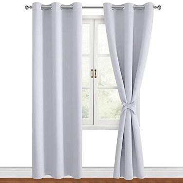 Hiasan Blackout Curtains for Bedroom 42 x 84 Inches Long Thermal Insulated Energy Saving Window Curtains for Living Room 2 Drape Panels Sewn with Tiebacks Greyish White