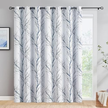 FMFUNCTEX 100 Blackout Patio Sliding Glass Door Curtains 96 Inch Long for Bedroom Blue Grey on White Tree Branch Patterned Drapes for Living Room Divider Extra Wide Thermal Insulated Panels