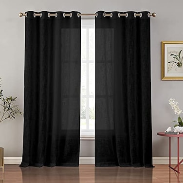 Melodieux Black Linen Textured Semi Sheer Curtains 84 Inches Long for Living Room Bedroom Rustic Flax Linen Grommet Voile Drapes 52 by 84 Inch 2 Panels