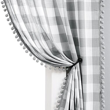 Treatmentex Pompom Check Curtains Grey White Gingham Plaid Curtain Panels 63 inch Rustic Farmhouse Style Semi Sheer Buffalo Check Window Drapes for Living Room Bedroom Kitchen 2 Panels