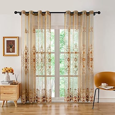 ELKCA EuropeanStyle Embroidered Sheer Curtains for Living Room Luxury Brown Tulle Curtains for BedroomGrommet Top52 W x 84 L2 Panels