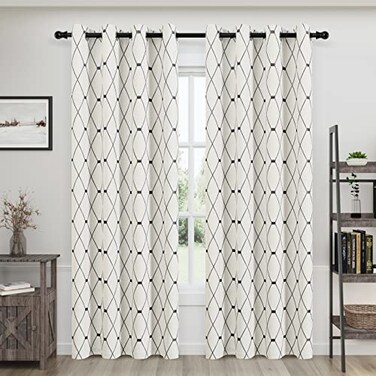 Joywell Black and White Linen Curtains 84 Inch Length 2 Panels Set for Living Room Grommet Embroidered Cream Burlap Sheer Black Curtain for Bedroom Modern Farmhouse Decor Drapes Beige Pattern 52x84