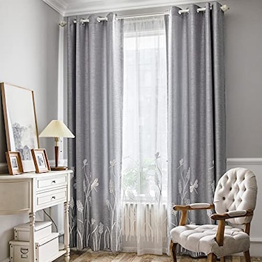 Melodieux Wheat Embroidery Linen Room Darkening Curtain for Living Room Bedroom Grommet Window Drape White WheatGray 52 by 84 Inch 1 Panel