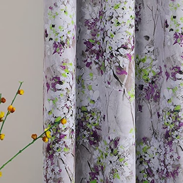 MYSKY HOME Purple Curtains 84 Inch Long 2 Panel Thermal Insulated HalfBlackout Flowers and Leaves Printed Curtains with Grommet