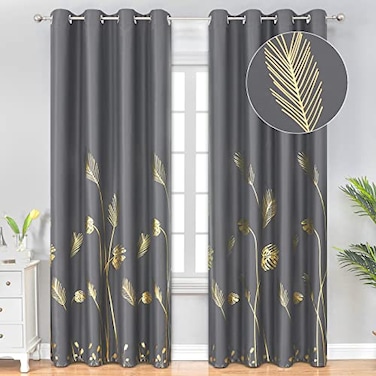 Estelar Textiler Blackout Curtains 108 inches Long Light Blocking Grommet Curtains Gold Palm Tree Printed Thermal Insulated Room Darkening Drapes for Bedroom 52Wx108L Dark Grey 1Pair