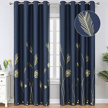 Estelar Textiler Elegant Palm Tree Leaf and Wheat Pattern Blackout Curtains Foil Print Light Blocking Window Curtain Panel Drapes for Living Room Navy Blue 52Wx108L 2 Panels