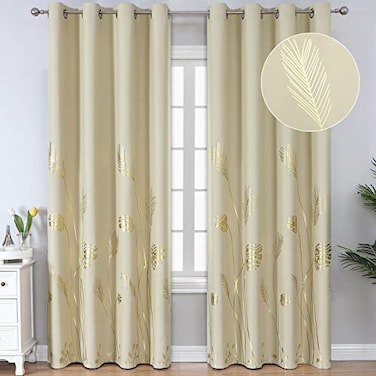 Estelar Textiler Beige Blackout Curtains 84 Inches Long Room Darkening Curtains for Bedroom Thermal Insulated Drapes with Foil Print Palm Leaf Pattern for Living Room 52Wx84L 2 Panels