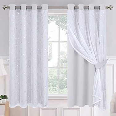 BGment Room Darkening Curtains with Sheer Overlay Silver Printed Double Layer Curtains for Living Room Grommet Thermal Insulated Curtains for Bedroom 2 Panels Each 52 x 63 Inch Greyish White