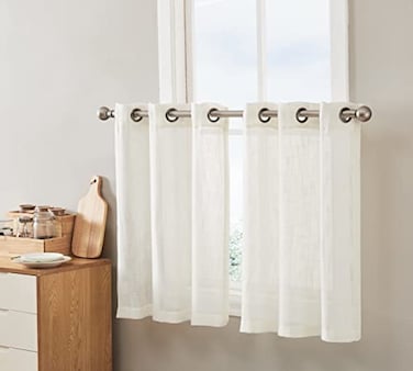 HLC.ME HLCME Abbey Faux Linen Textured Semi Sheer Privacy Light Filtering Grommet Short Thick Cafe Curtain Tiers Drapery for Small Windows Kitchen Bathroom 2 Panels 35 W x 36 L CreamOff White