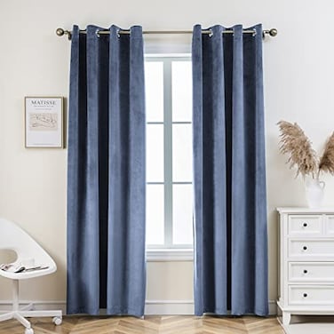PLEASANT BOULEVARD Velvet Curtains 2 Panels Elegant Living Room Bedroom Window Drape Curtain Grommet Eyelet Style 52 W x 95 L Stone Blue