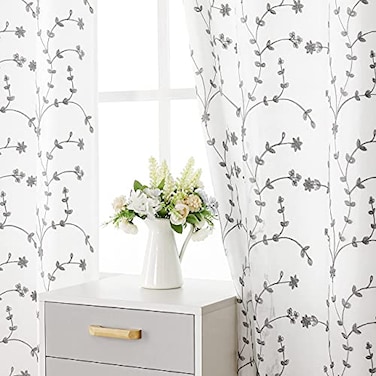 Bujasso Embroidered Leaf Sheer Curtains Floral Farmhouse Light Filtering Window Panels Botanical Patterned Drapes for Living Room Bedroom Grommet Top Gray White 38 Wx96 Lx2