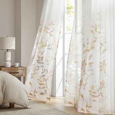 Madison Park Cecily Semi Sheer SINGLE Panel Window Curtain Burnout Botanical Print Easy To Hang Fits up to 125 Diameter Rod 50x84 Leaves Yellow
