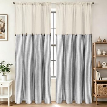BLEUM CADE Farmhouse Curtains for Living Room Boho Rustic Bedroom Curtains with Buttons Cotton Linen Grey Stripe Country Window Curtain Panels Back Tab Drapes for Windows 52 x 84 Inch 2 Panels
