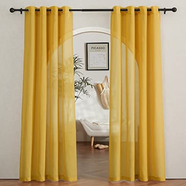 NICETOWN Semi Sheer Curtains Flax Linen Texture Grommet Retro Window Treatment Linen Weave Vertical Drapes Privacy with Light Filter for Living Room Citrine 2 Panels W52 x L84