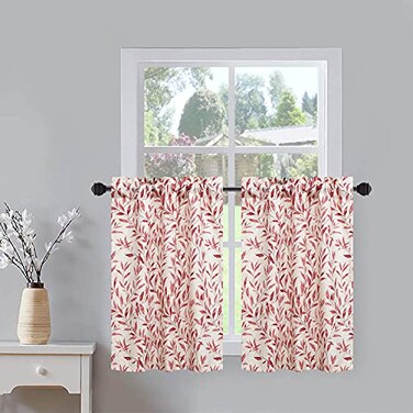 VOGOL Red Leaf Print Tier Curtains Linen Textured Rod Pocket Curtain Panels for Small Kitchen Bathroom Windows Light Filtering Drapes for Living Room 30 x 24 Inches 2 Pieces