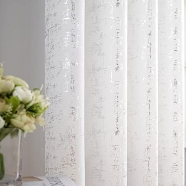 Taisier Home Silver Foil Print Linen Textured Curtains Geometric Dots Pattern Design Curtains for Bedroom Living Room Thermal Insulated Window Treatment 2 Panels 84 LWhite and Silver Drapes Print