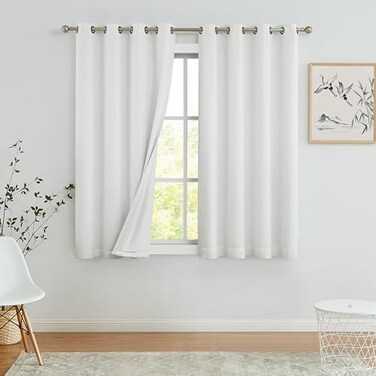 Central Park White Solid Full Blackout Window Curtains for Bedroom Noise Reducing Energy Efficient Drapes Heavy Linen Texture 8 Grommets Top for Living Room with White Liner Cream White 50 x 63 2 Pane