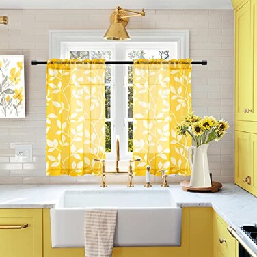 XTMYI Mustard Yellow Curtains for Bedroom Window Rod Pocket Small Cafe Curtains for Kitchen Bathroom Match GreyGray Cabinet WallPale Yellow and White30 Inch Length
