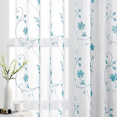 HOMEIDEAS White and Blue Embroidered Floral Sheer Curtains 63 Inch Length 2 Panels Flower Pattern Semi Sheer Window Curtains for Bedroom Living Room
