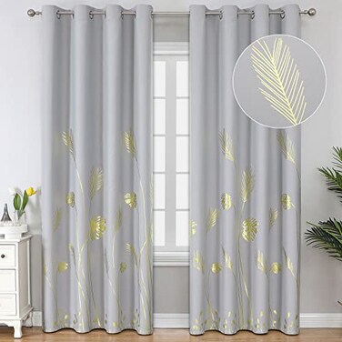 Estelar Textiler Light Grey Blackout Curtains 84 Inches Long Gold Palm Tree Pattern Light Gray Curtains Light Blocking Thermal Insulated Grommet Window Drapes for Bedroom 52Wx84L 2 Panels