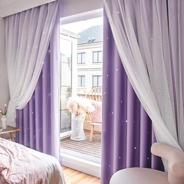 Loyala Stars Double Layer Blackout Curtains for Bedroom Kids 96 Inches Long 2 Panels Set Purple