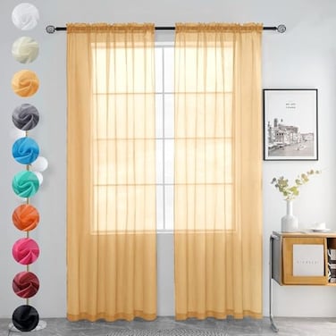 youleyar Solid Sheer Rod Pocket Curtain Voile Draperies 2 Panels White Beige Black Grey Coffee 52 Inch Width 72 Inch Long 1 Pair for Kitchen Bedroom Children Living Room YardBeige52W72L