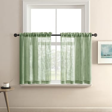 XTMYI Light Green Short Curtains for Small Bathroom Window Kitchen Set of 2 Pack Faux Linen Look Sheer Opaque Curtains That Let Light in Cant See Through24 Inch LengthSage