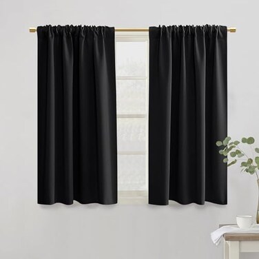 PANELSBURG 42 Inch Blackout Waterproof Short Curtains for Windows Thermal Insulated Rod Pocket Drapes for Kitchen Bedroom Small Window 34 W x 42 Length 2 Panels Set Black