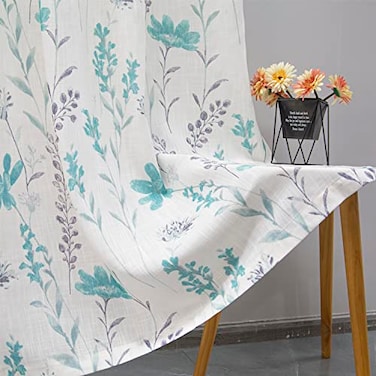 July Joy Printed Sheer Curtains Linen Textured for Living Room Floral Leaf Design Farmhouse Style Window Panel Drapes Set Grommet Treatment for Bedroom Dining 52 x 84 inch Teal