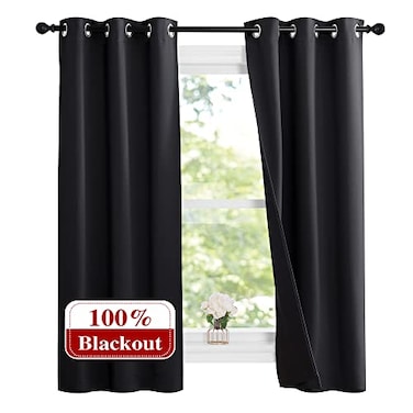 NICETOWN Complete 100 Blackout Curtain Set Thermal Insulated Energy Efficiency Window Draperies with Black Liner Noise Reducing Short Curtains for Kids Room Black 37W by 63L Double Panels