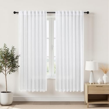KOUFALL White Curtains 72 Inches Long for Living Room 2 Panels Set Rod Pocket Back Tab Linen Textured Semi Sheer Curtains for Bedroom 52x72 Inch Length