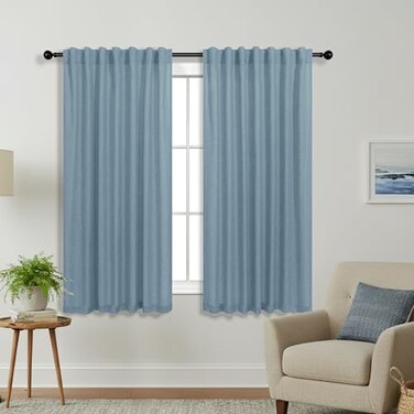 KOUFALL Stone Blue Back Tab Rod Pocket Linen Sheer Curtains 52x54 Inches Long for Living Room
