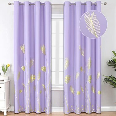 Estelar Textiler Lilac Blackout Curtains for Bedroom Room Darkening Gold Palm Tree Pattern Curtains 84 Inches Long Light Blocking Thermal Insulated Window Drapes for Living Room 52Wx84L 2 Panels