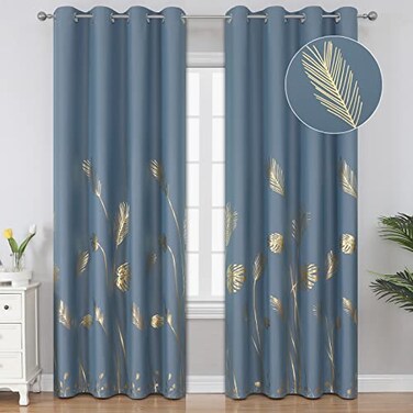 Estelar Textiler Stone Blue Blackout Curtains for BedroomRoom Darkening Gold Palm Tree Pattern Curtains 84 Inches LongLight Blocking Thermal Insulated Window Drapes for Living Room52Wx84L2 Panels