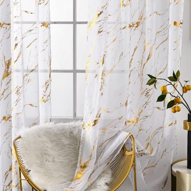Sutuo Home Marble White Sheer Curtains 63 Inch Length 2 Panels Set Gold Foil Print Metallic Bronzing Privacy Window Treatment Decor Abstract Drape Pair for Bedroom Kitchen Living Room 52 W x 63 L