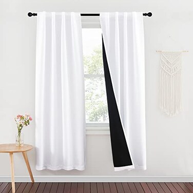 NICETOWN 100 Blackout Window Curtain Panels Cold and Full Light Blocking Drapes with Black Liner 72 Inches Drop Thermal Insulated Draperies for Studio White 2 Pieces 37 inches Wide Each Panel
