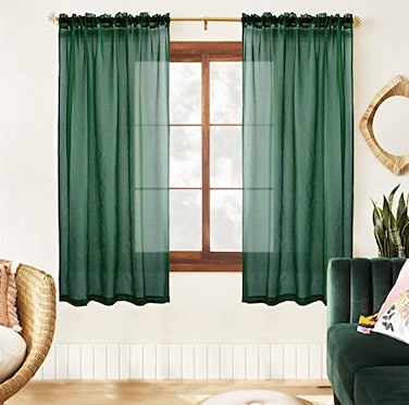 XTMYI Dark Emerald Green Sheer Curtains Forest Hunter Green Voile Drapes for Living Room Bedroom 63 Inch Length