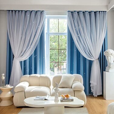Loyala Stars Blackout Curtains for Bedroom Double Layer Kids Cute Curtains 84 Inches Long 1 Panel Blue