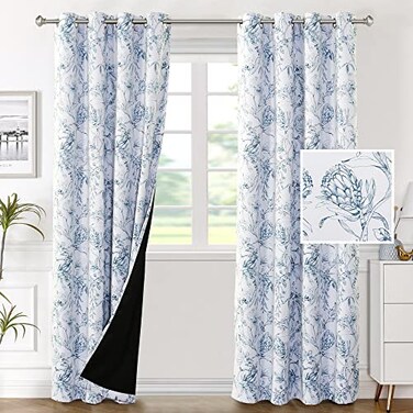 H.VERSAILTEX HVERSAILTEX 100 Blackout Curtains for Bedroom Camellia Floral Blackout Curtains 84 Inches Long Light Blocking Window Treatment Curtains with Black Liner Grommet Thermal Drapes 2 Panels St