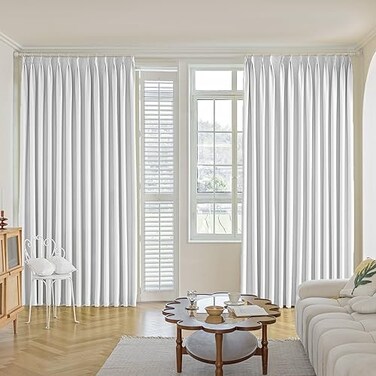 MUMFAS Pure White Pinch Pleat Curtain 52 W x 96 L Solid Thermal Insulated 50 Blackout Patio Door Curtain Panel Drape for Traverse Rod and Track with Tieback One Panel