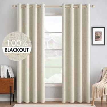 MIULEE 100 Blackout Linen Textured Curtains for Bedroom Solid Thermal Insulated Cream Grommet Room Darkening Curtains Drapes Luxury Decor for Living Room 52 x 84 Inch 2 Panels